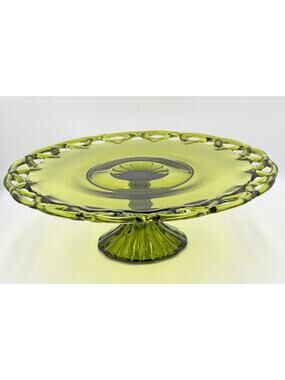 1950s Pitman-Drietzer Glass Avocado Green Cake Stand "Colony Lace" 14" Plate